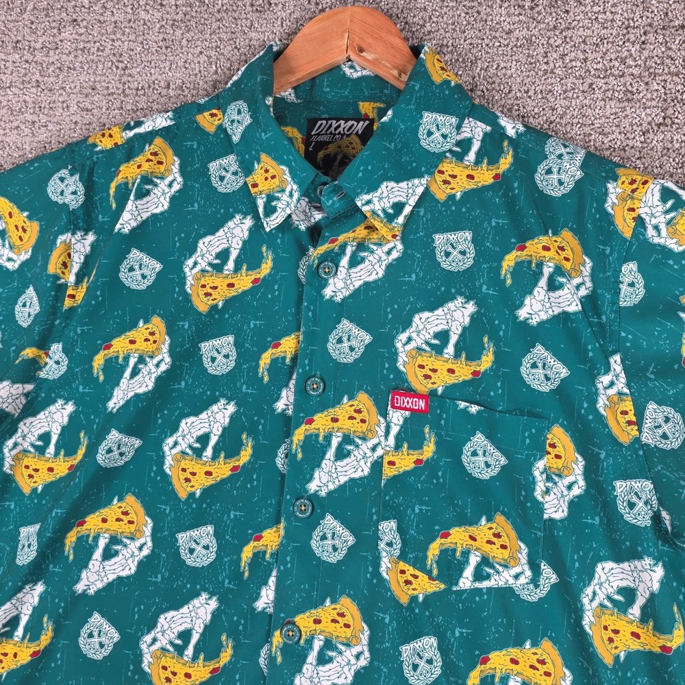 DIXXON The Slice‎ Pizza Skeleton Short Sleeve Button Up Shirt Men's Large